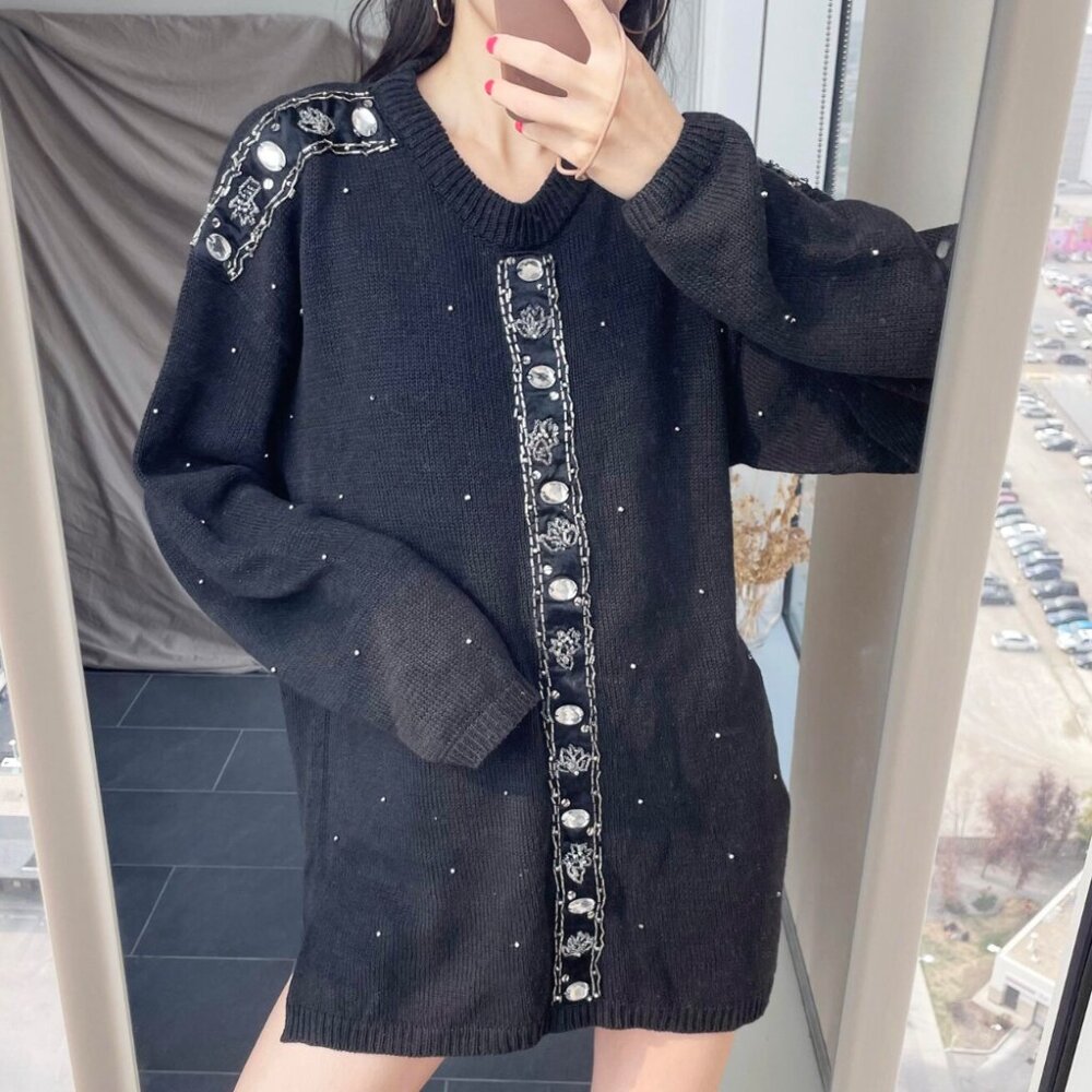 Beaded Black Sweater Dress - 90s Ramie Cotton Jumper